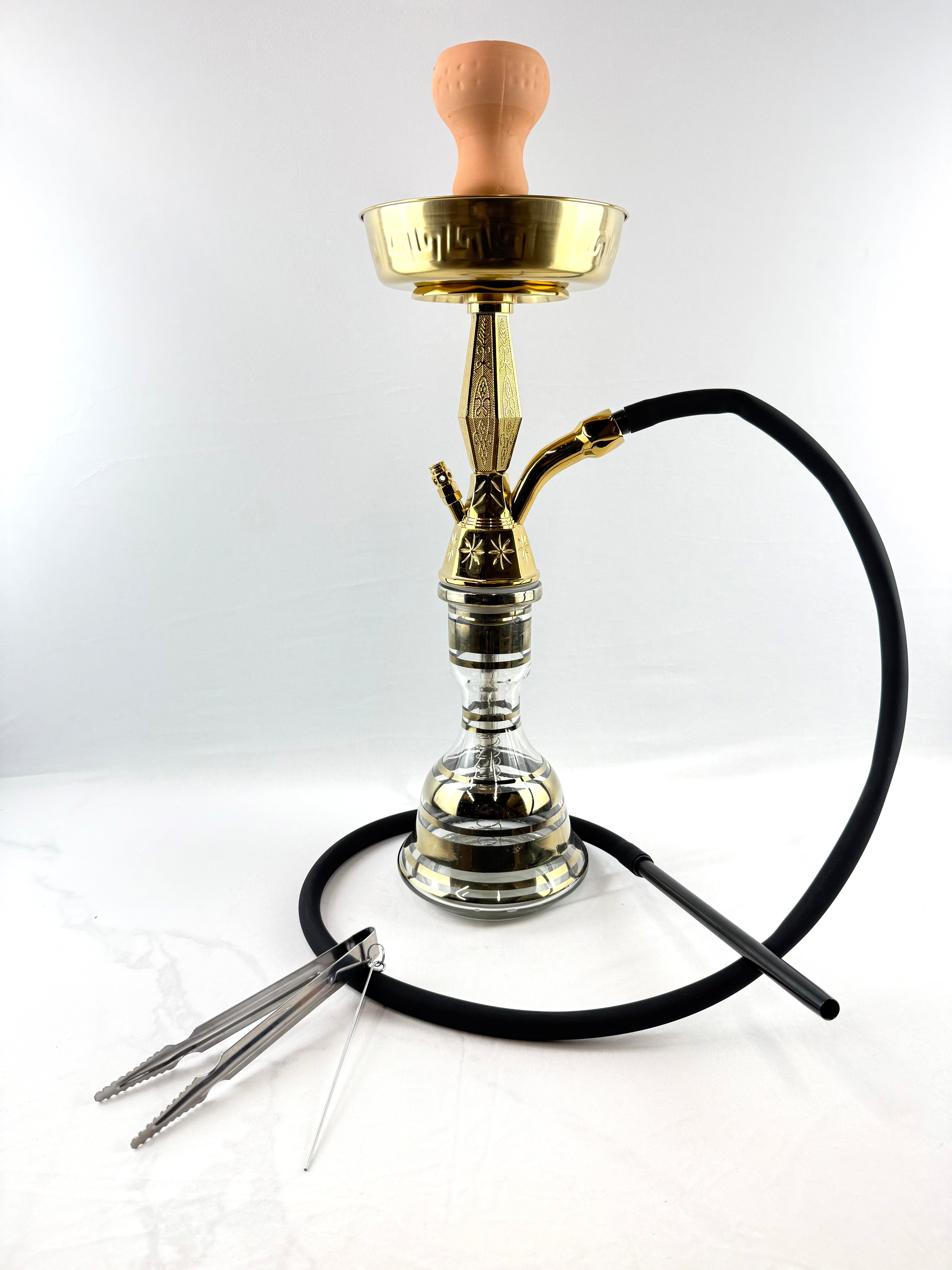 22" Mona Clear Conical Tapered Gold Lining Base with Engraved Metal Single Hose Hookah