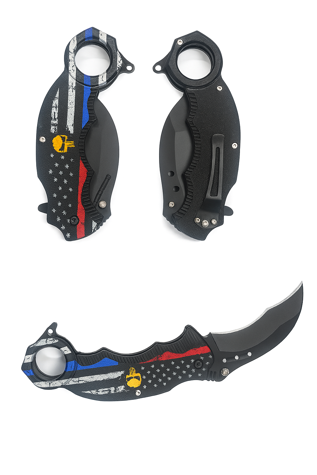 2 3/4" Black Blade 5" Skull US Flag 3D Handle