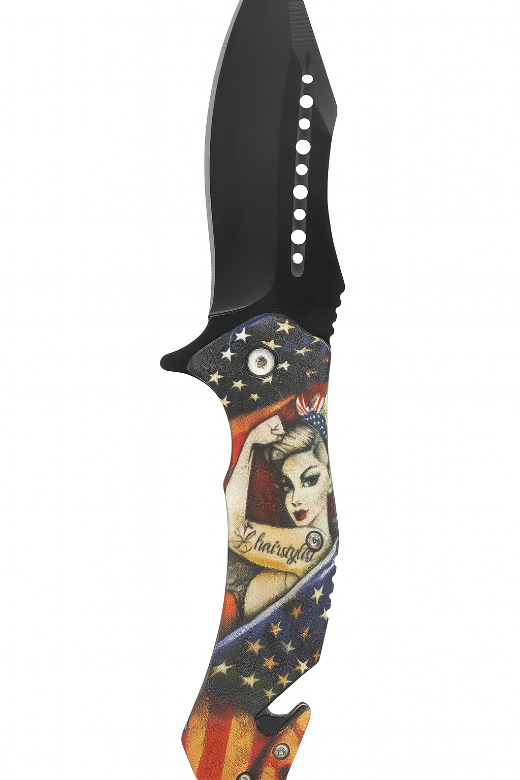 3.75" Black Blade/ US Flag w Girl Handle