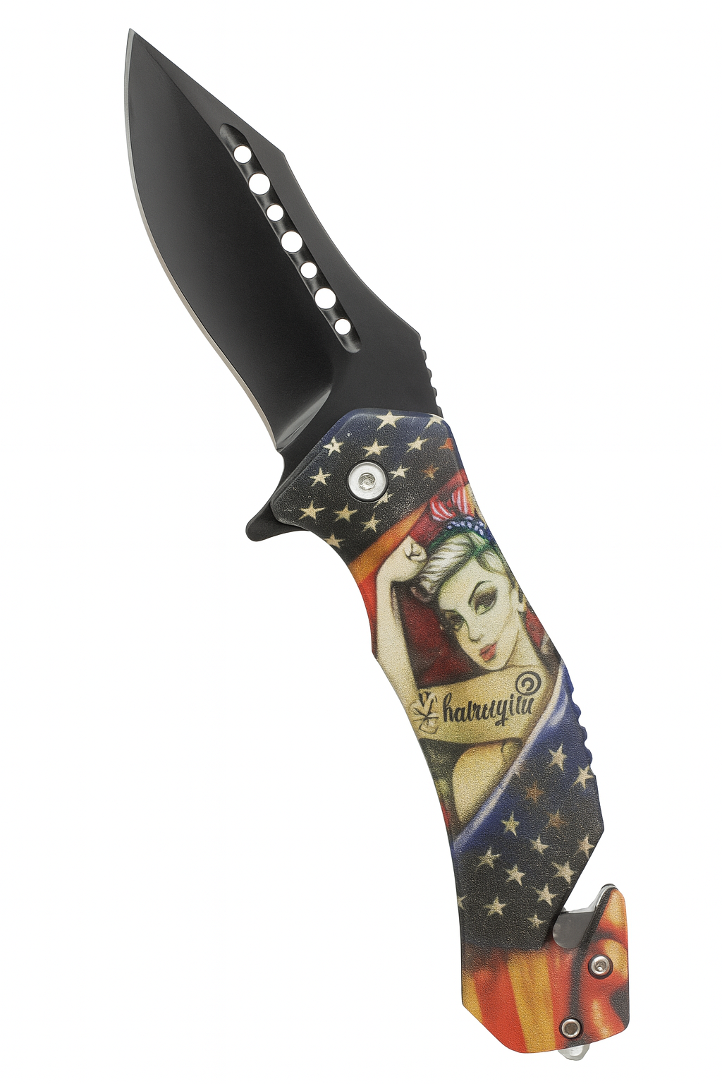 3.75" Black Blade/ US Flag w Girl Handle